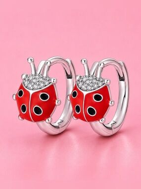 Red Ladybug Silver Hoop Earrings